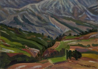 Streams in the Mountains — Oil painting, Fiberboard, 36.00×51.00cm — Theodoros Markellos